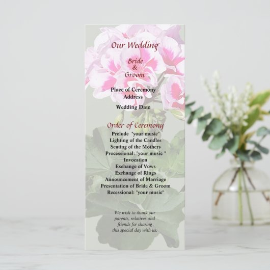 Hochzeitsprogramm für Rosa und Rotes Geranium Programm (Stehend Vorderseite)