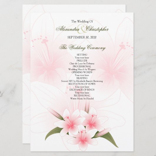 Hochzeitsprogramm für Rosa und Weiße Lilien Programm (Vorne/Hinten)