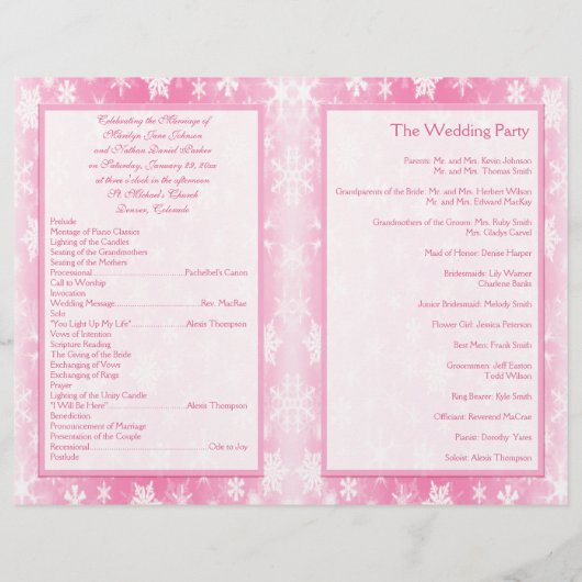 Hochzeitsprogramm für Rosa und Weiße Schneeflocken (Rückseite)