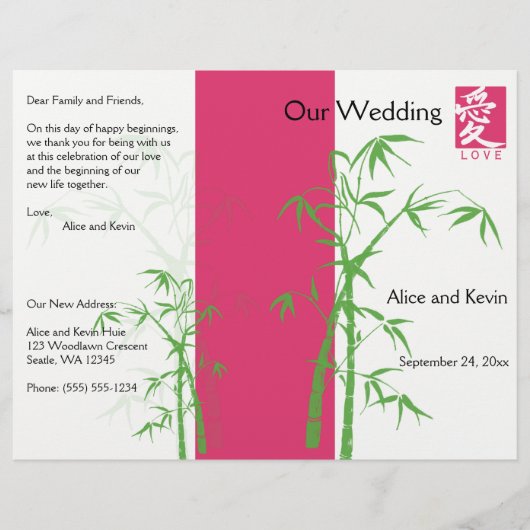 Hochzeitsprogramm für Rosa, Weiß und Grüne Bambuss (Vorderseite)