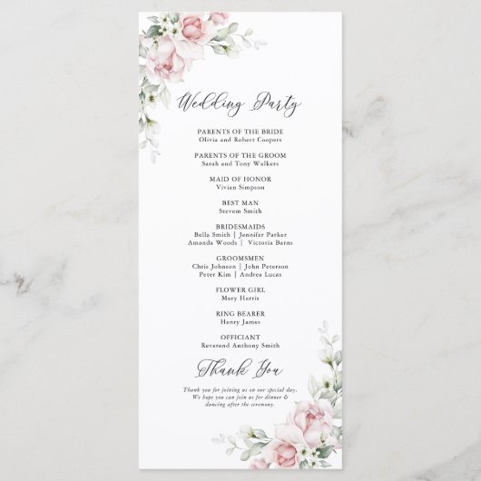 Hochzeitsprogramm für Rosen in Rosa Blush Programm (Rückseite)