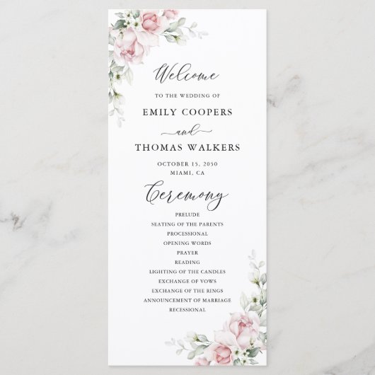 Hochzeitsprogramm für Rosen in Rosa Blush Programm (Vorderseite)