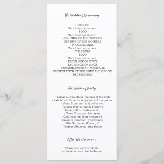 Hochzeitsprogramm für Rosen und Rosen Programm (Rückseite)