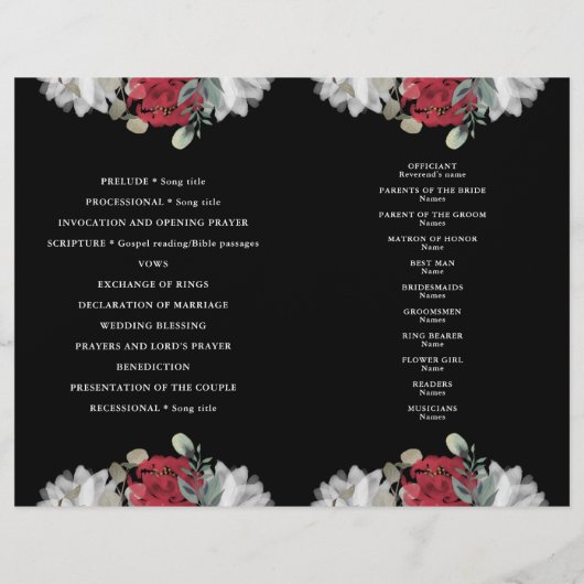 Hochzeitsprogramm für Rote Blumen (Rückseite)