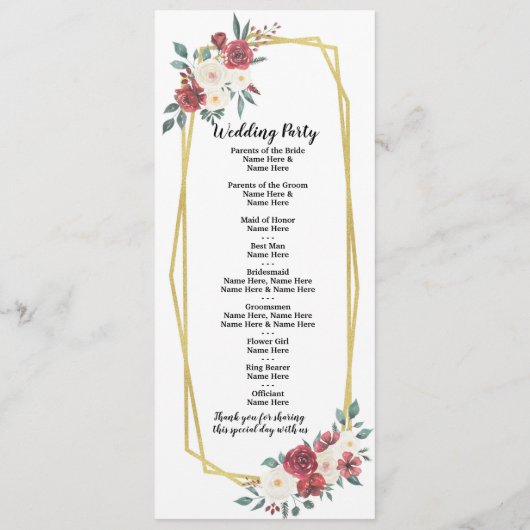 Hochzeitsprogramm für Rote Creme Wasserfarben Programm (Rückseite)