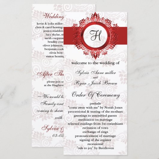 Hochzeitsprogramm für rote Monogramm Programm (Vorne/Hinten)