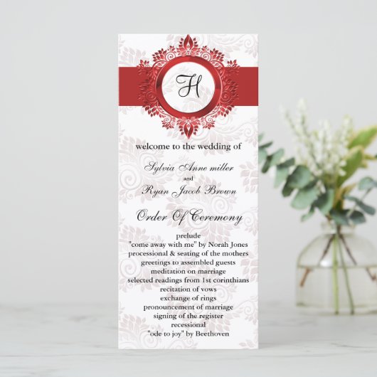 Hochzeitsprogramm für rote Monogramm Programm (Stehend Vorderseite)