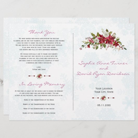 Hochzeitsprogramm für Rote Poinsettia Snowflakes (Vorne/Hinten)