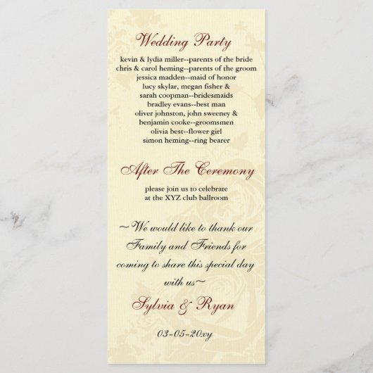 Hochzeitsprogramm für rote Rose und Burschen Programm (Rückseite)