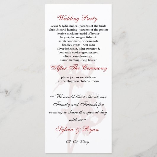 Hochzeitsprogramm für rote Rosen Programm (Rückseite)