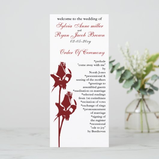 Hochzeitsprogramm für rote Rosen Programm (Stehend Vorderseite)
