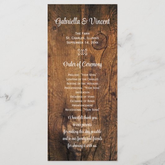 Hochzeitsprogramm für rote Rosen und Reitsport-Wes Programm (Rückseite)