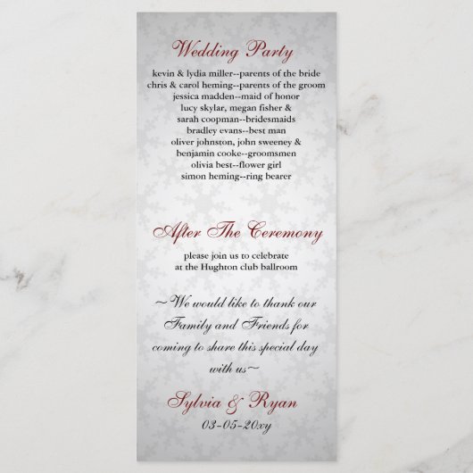 Hochzeitsprogramm für Rote Schneeflocken Programm (Rückseite)