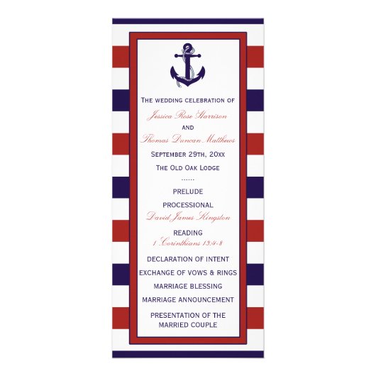 Hochzeitsprogramm für Rote und Navy Werbekarte (Vorne)