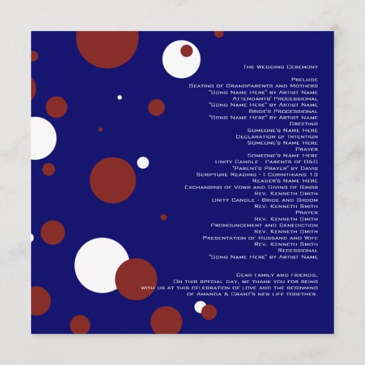 Hochzeitsprogramm für rote, weiße, blaue Polka Dot Programm (Rückseite)