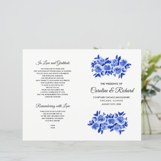 Hochzeitsprogramm für Royal Blue Floral Watercolor (Stehend Vorderseite)