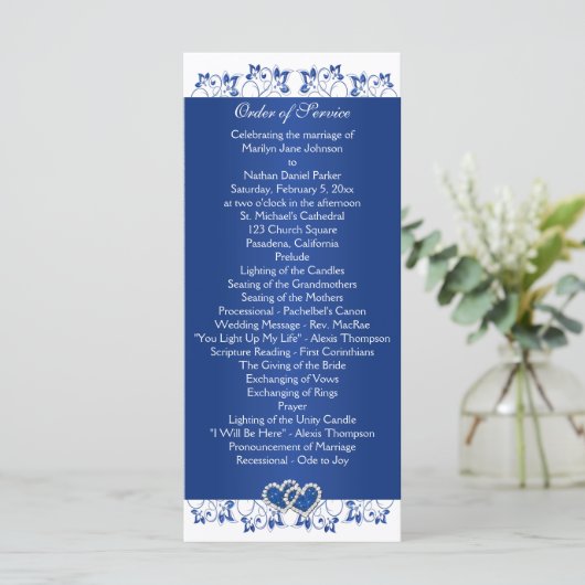 Hochzeitsprogramm für Royal Blue, White Floral Hea Programm (Stehend Vorderseite)