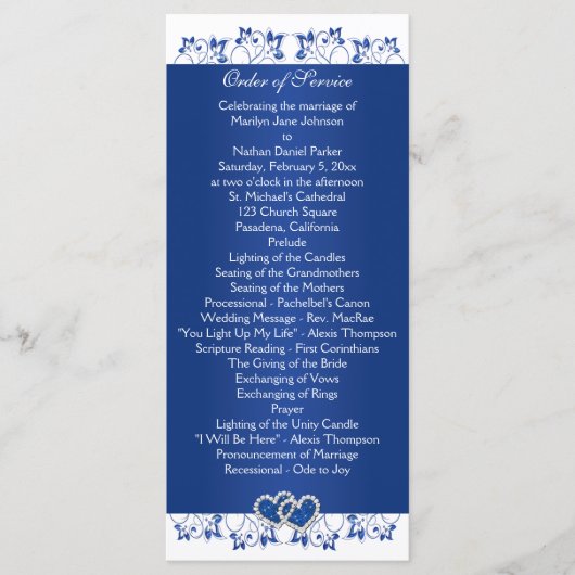 Hochzeitsprogramm für Royal Blue, White Floral Hea Programm (Vorderseite)
