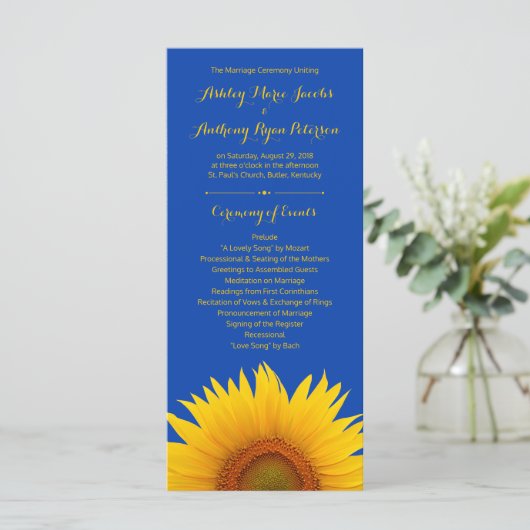 Hochzeitsprogramm für Royal Blue Yellow Sunflower Programm (Stehend Vorderseite)