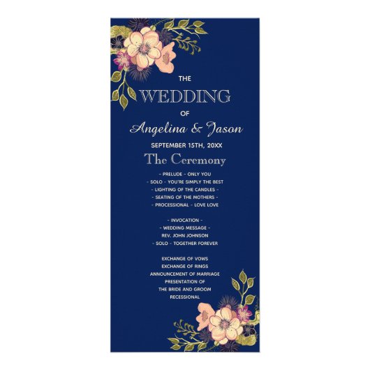 Hochzeitsprogramm für Rustikal Floral Navy Werbekarte (Vorne)