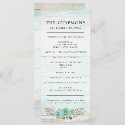 Hochzeitsprogramm für Rustikal-Holz-Türkis-Rose Programm (Vorne/Hinten)