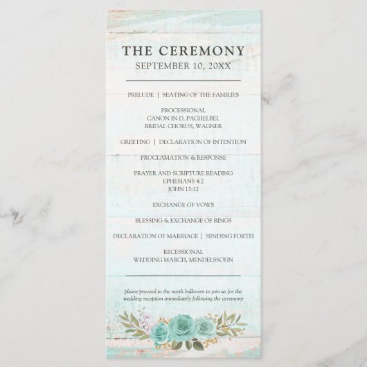 Hochzeitsprogramm für Rustikal-Holz-Türkis-Rose Programm (Vorderseite)