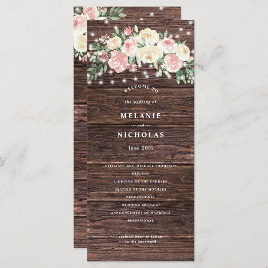 Hochzeitsprogramm für Rustikal-Rosa-Blumenleuchten Programm (Vorne/Hinten)