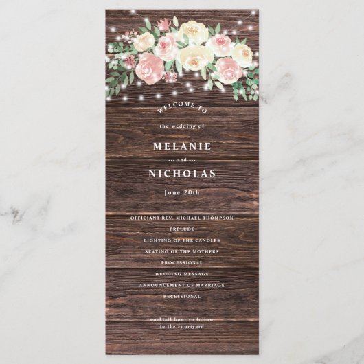 Hochzeitsprogramm für Rustikal-Rosa-Blumenleuchten Programm (Vorderseite)