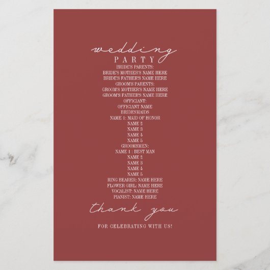 Hochzeitsprogramm für rustikale Barnschnecken (Rückseite)