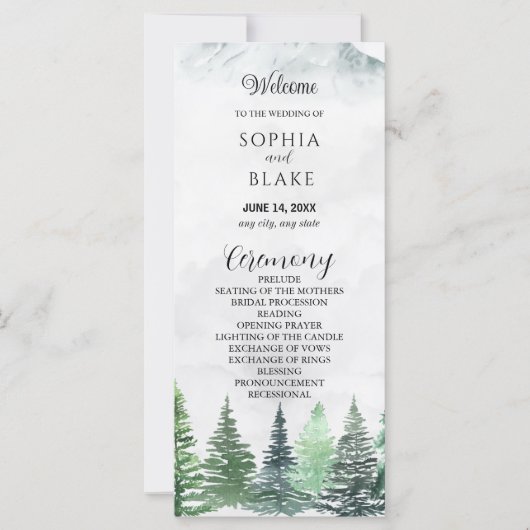 Hochzeitsprogramm für Rustikale Berge und Wälder (Vorderseite)