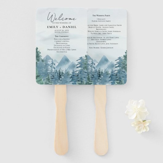 Hochzeitsprogramm für rustikale Blaugrün-Berge Fächer (Vorne und Hinten)