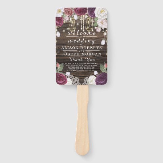 Hochzeitsprogramm für rustikale Blumenzellenlampen Fächer (Vorderseite)