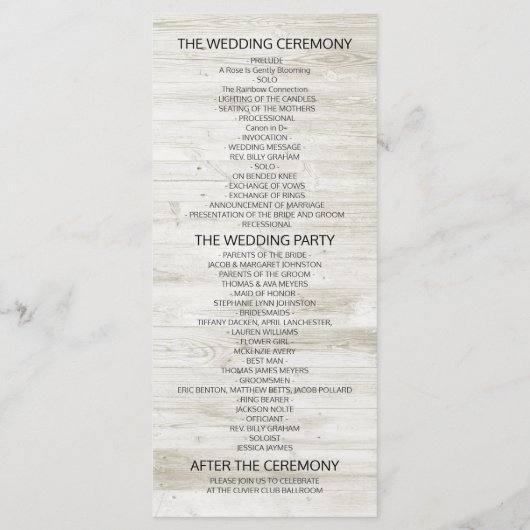 Hochzeitsprogramm für rustikale Holzblumen Programm (Rückseite)