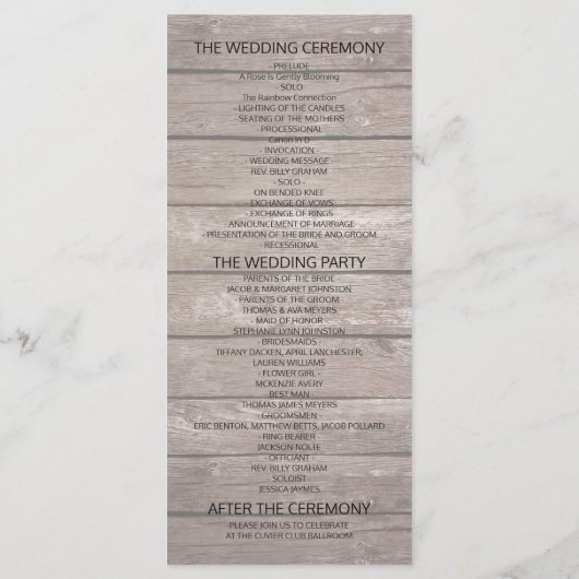 Hochzeitsprogramm für rustikale Holzblumen Programm (Rückseite)