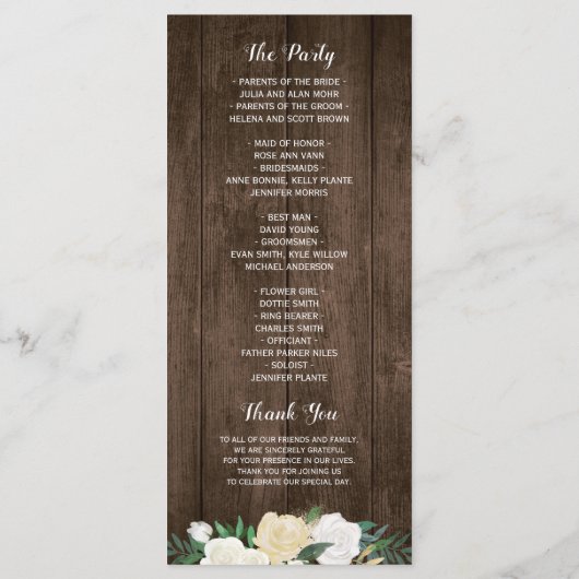 Hochzeitsprogramm für rustikale Holzblumen Programm (Rückseite)