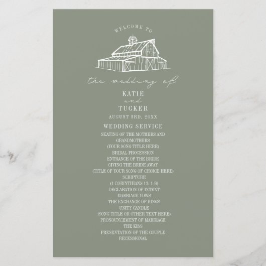 Hochzeitsprogramm für rustikale Scheunenweiden (Vorderseite)