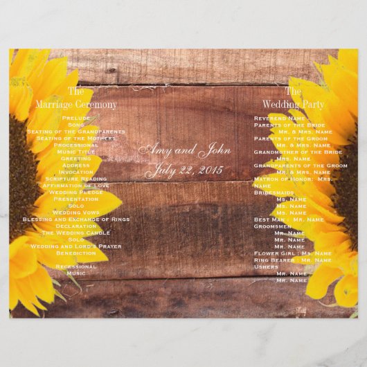 Hochzeitsprogramm für rustikale Sonnenblumen (Rückseite)