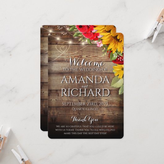 Hochzeitsprogramm für rustikale Sonnenblumen und R (Vorderseite/Rückseite Beispiel)