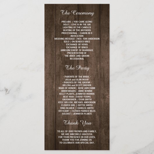 Hochzeitsprogramm für rustikale Streichelleuchten Programm (Rückseite)