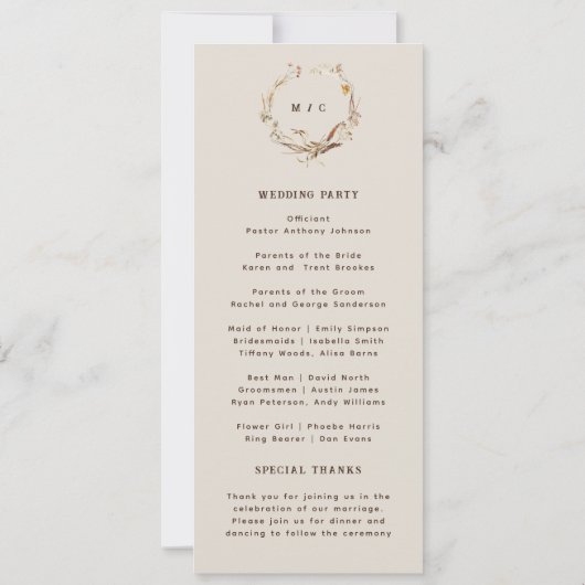 Hochzeitsprogramm für rustikale Western (Rückseite)