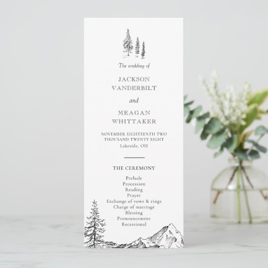 Hochzeitsprogramm für Rustikales Bergwald Programm (Stehend Vorderseite)