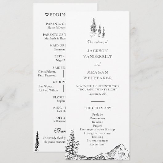 Hochzeitsprogramm für Rustikales Bergwald Programm (Vorne/Hinten)