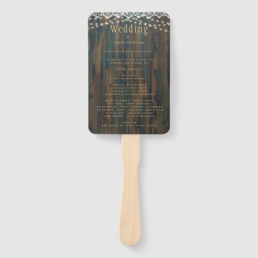 Hochzeitsprogramm für rustikales Holz Fächer (Vorderseite)