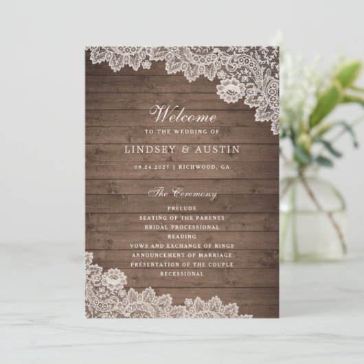 Hochzeitsprogramm für rustikales Holz Programm (Stehend Vorderseite)