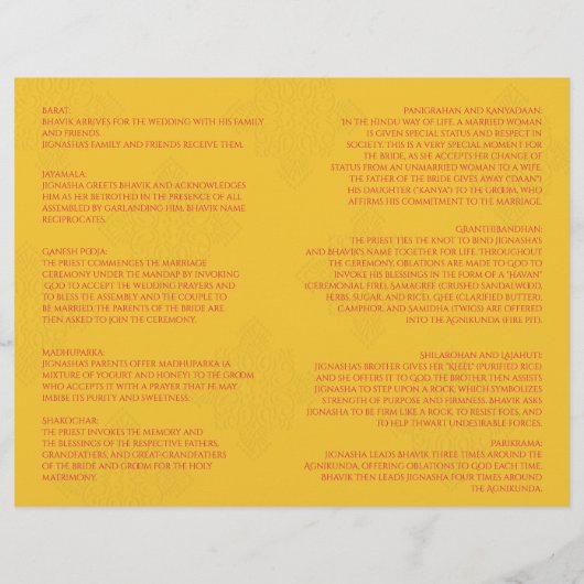 Hochzeitsprogramm für Safran und Pink Peacock Hind (Rückseite)