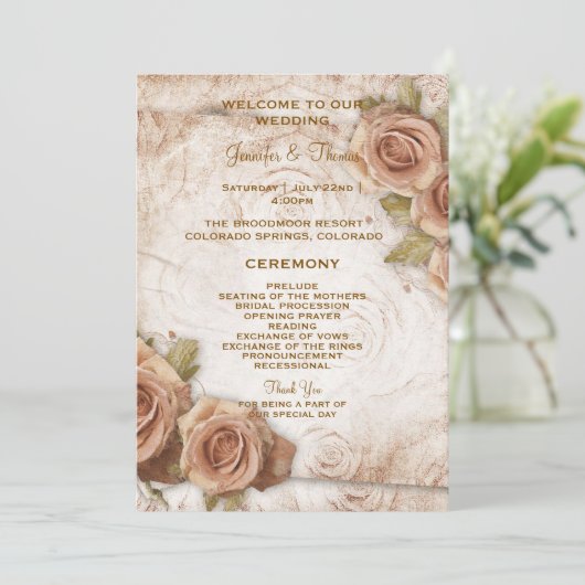 Hochzeitsprogramm für sanft farbige Rose (Stehend Vorderseite)