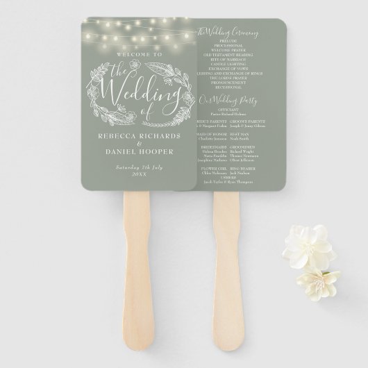 Hochzeitsprogramm für sattelgrüne String-Lichter Fächer (Vorne und Hinten)