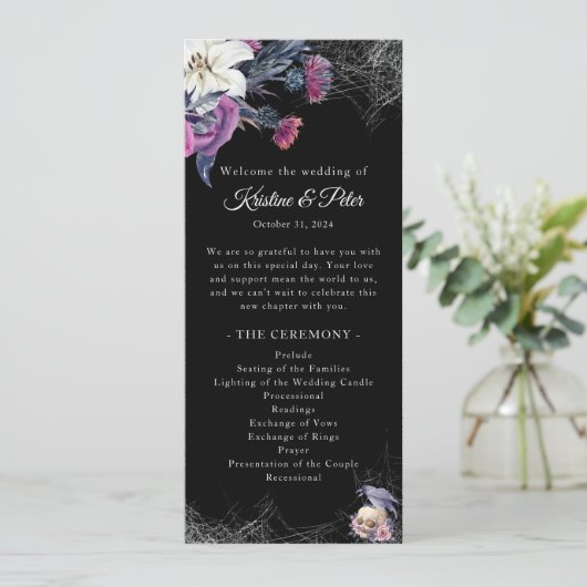 Hochzeitsprogramm für Schwarz-Gotik-Flora-Skull (Stehend Vorderseite)