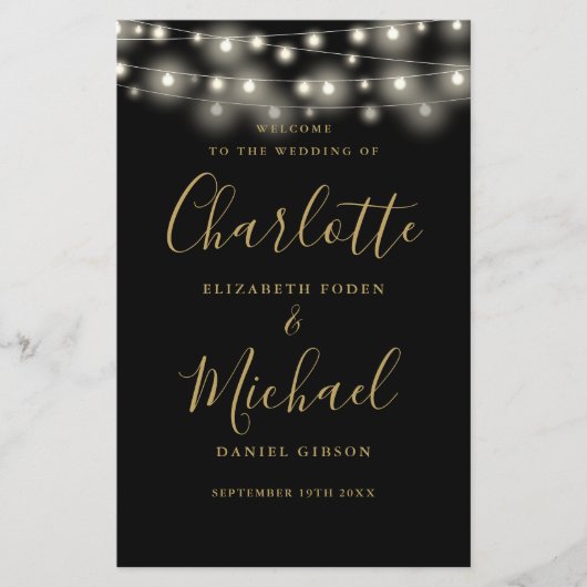 Hochzeitsprogramm für Schwarz und Gold String Ligh (Vorderseite)