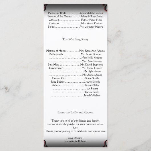 Hochzeitsprogramm für Schwarz und Rot-Gotik Programm (Rückseite)